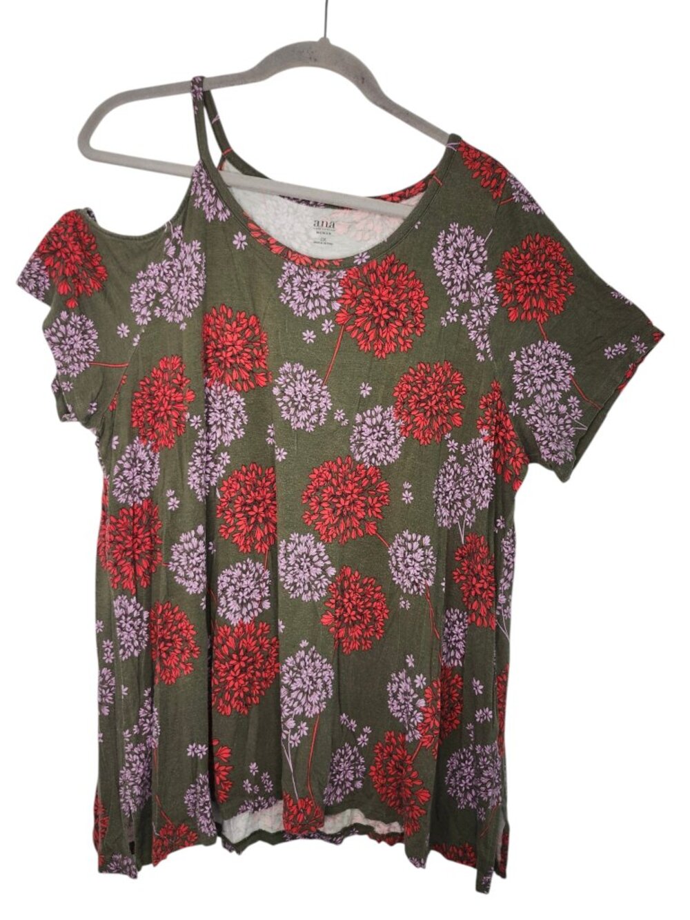 A.N.A. Green Floral Print Cold Shoulder Asymmetrical Scoop Neck Top Size 0X